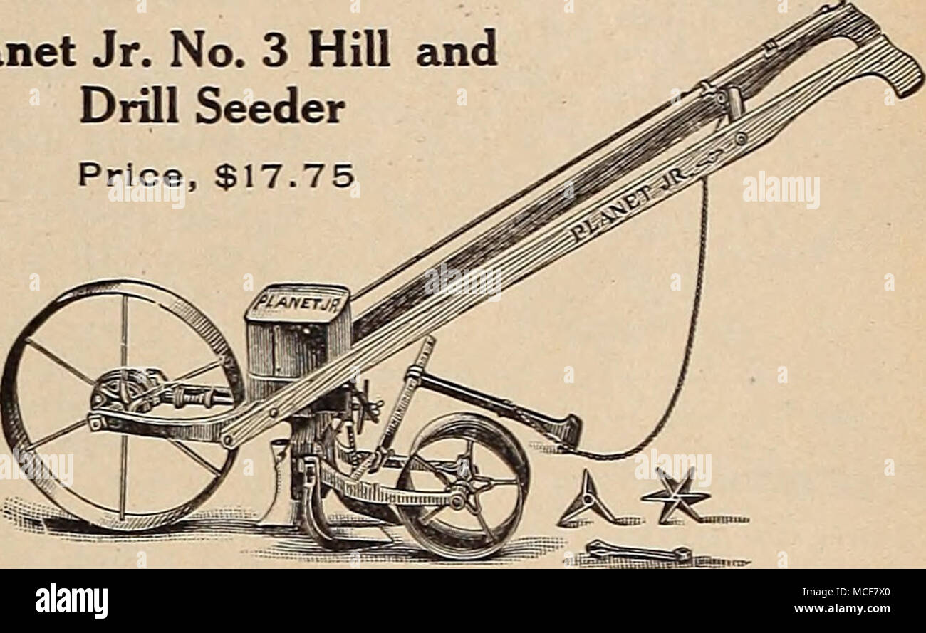 . Odies Bohrer in einer Reihe in der ordentliche Weg Leistungsbeschreibung mit der größten Regelmäßigkeit, aber seine Besonderheit ist, dass es ordentlich in den Hügeln entweder 4, 6, 8, 12 oder 24 Zoll auseinander fallen. Es ist in einem Moment von Hill geändert Arbeit zu bohren; der Pflug ist verstellbar für Tiefe und öffnet eine sehr schmale Furche. Kapazität zwei und Halb Qt. Stockfoto