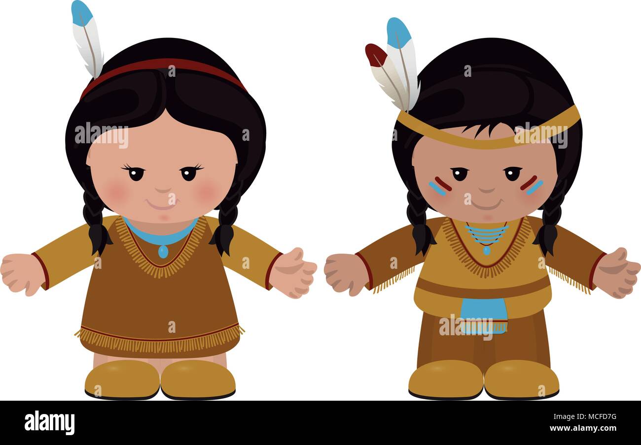 Zeichentrickfiguren der Indianer, der Mann und die Frau in der Tracht. Vector Illustration Stock Vektor
