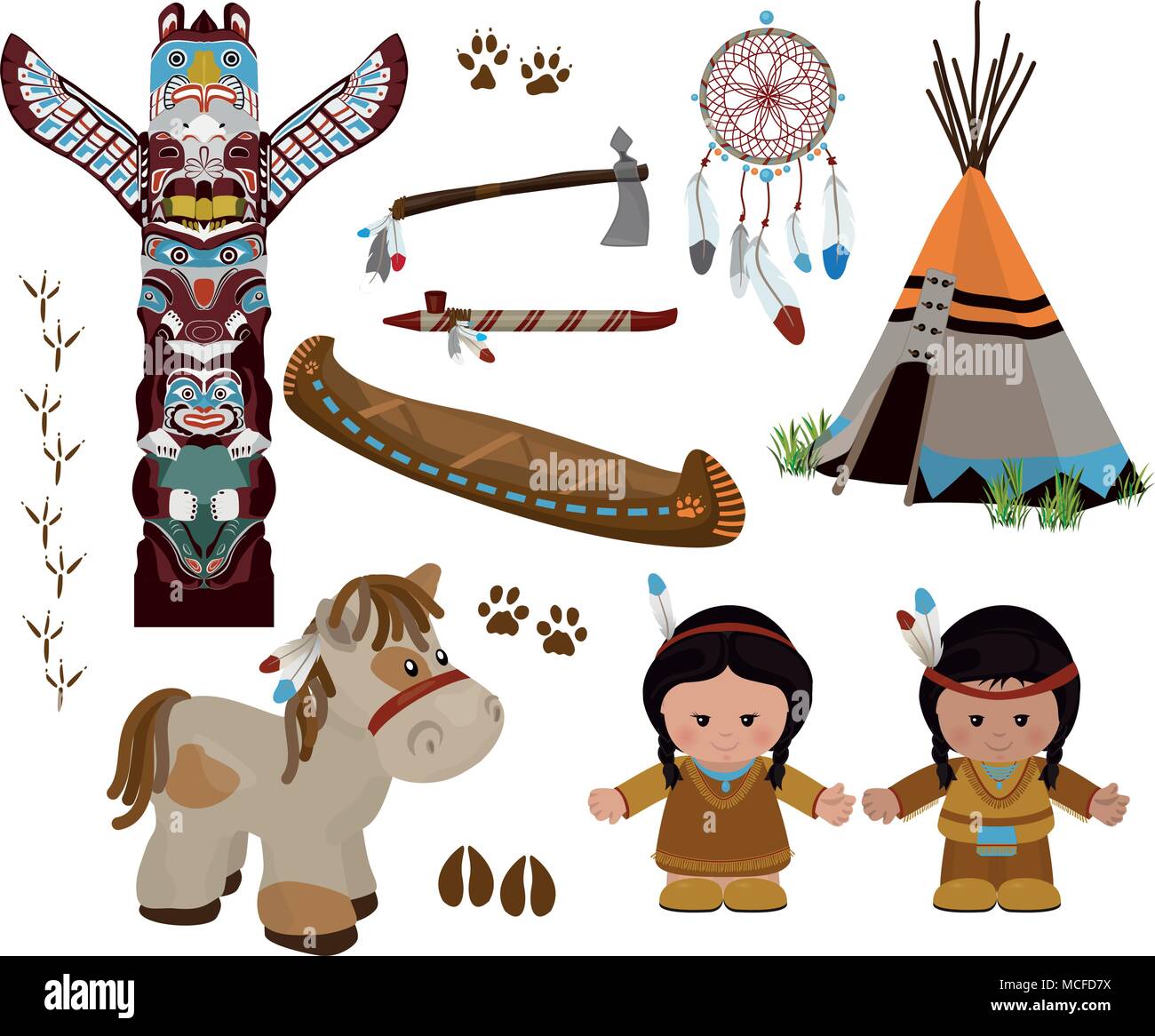 Traditionelle indische Symbole mit Zeichentrickfiguren der Indianer, der Mann und die Frau in der Tracht. Vector Illustration Stock Vektor