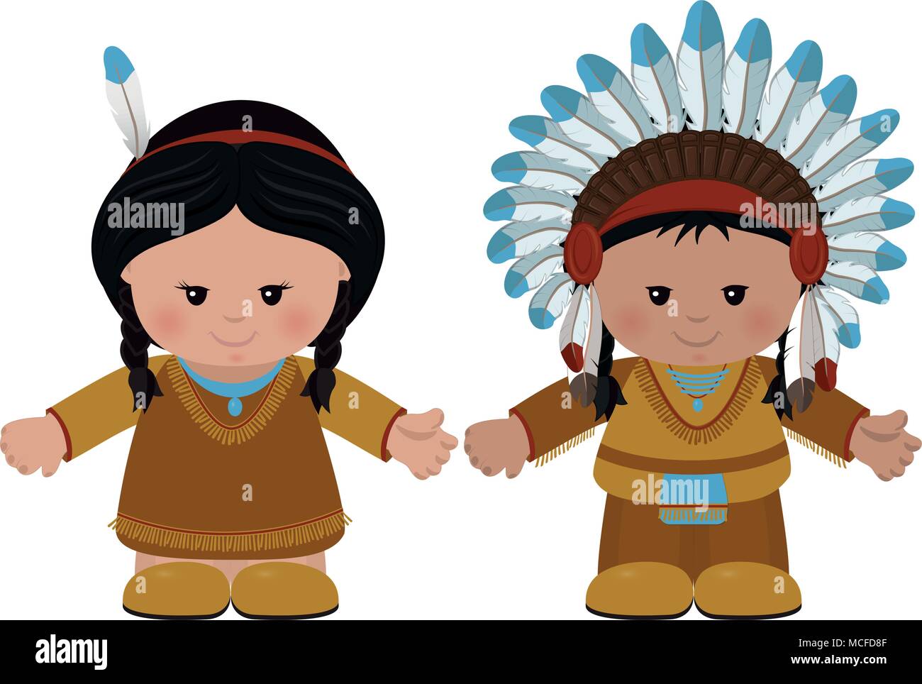 Zeichentrickfiguren der Indianer, der Mann und die Frau in der Tracht. Vector Illustration Stock Vektor