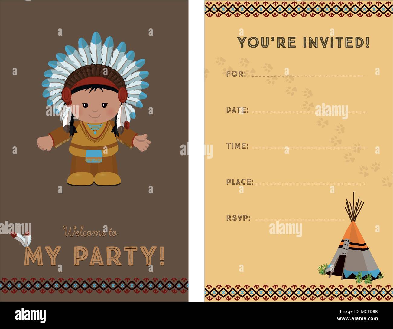 Einladung zur Party, Karte Einladung mit American Indian Chief für Kinder Party. Vorlage der Karte Einladung, Vorder- und Rückseite, Vektor Lllustrat Stock Vektor