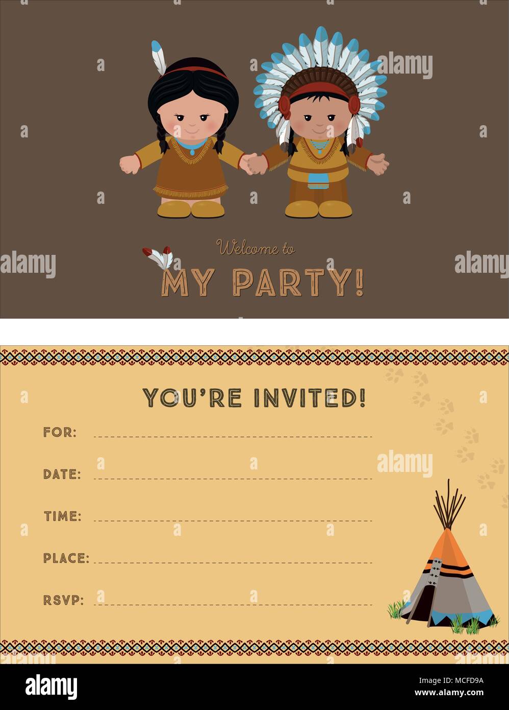 Einladung zur Party, Karte Einladung mit Indianer für Kinder Party. Vorlage der Karte Einladung, Vorder- und Rückseite, Vector Illustration. Stock Vektor