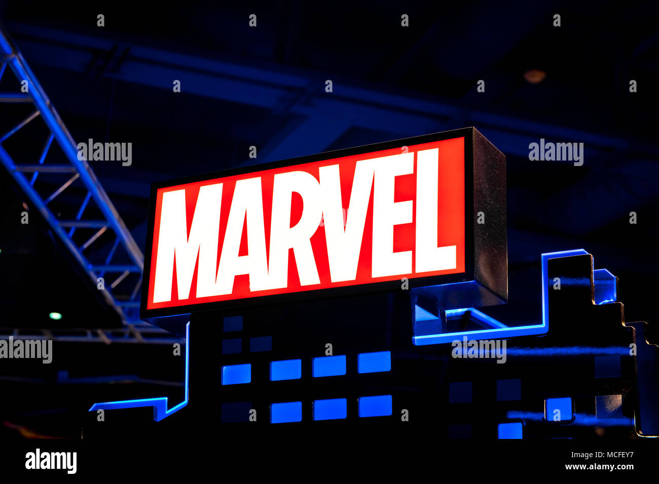 Marvel Logo in Hamleys speichern. Marvel Comics Group ist ein Herausgeber des amerikanischen Comics und verwandte Medien Stockfoto