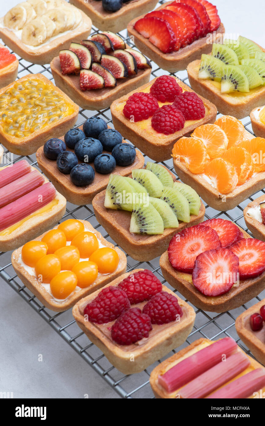 Bunte square Obstkuchen auf einem Gitter vor einem weißen Hintergrund Stockfoto