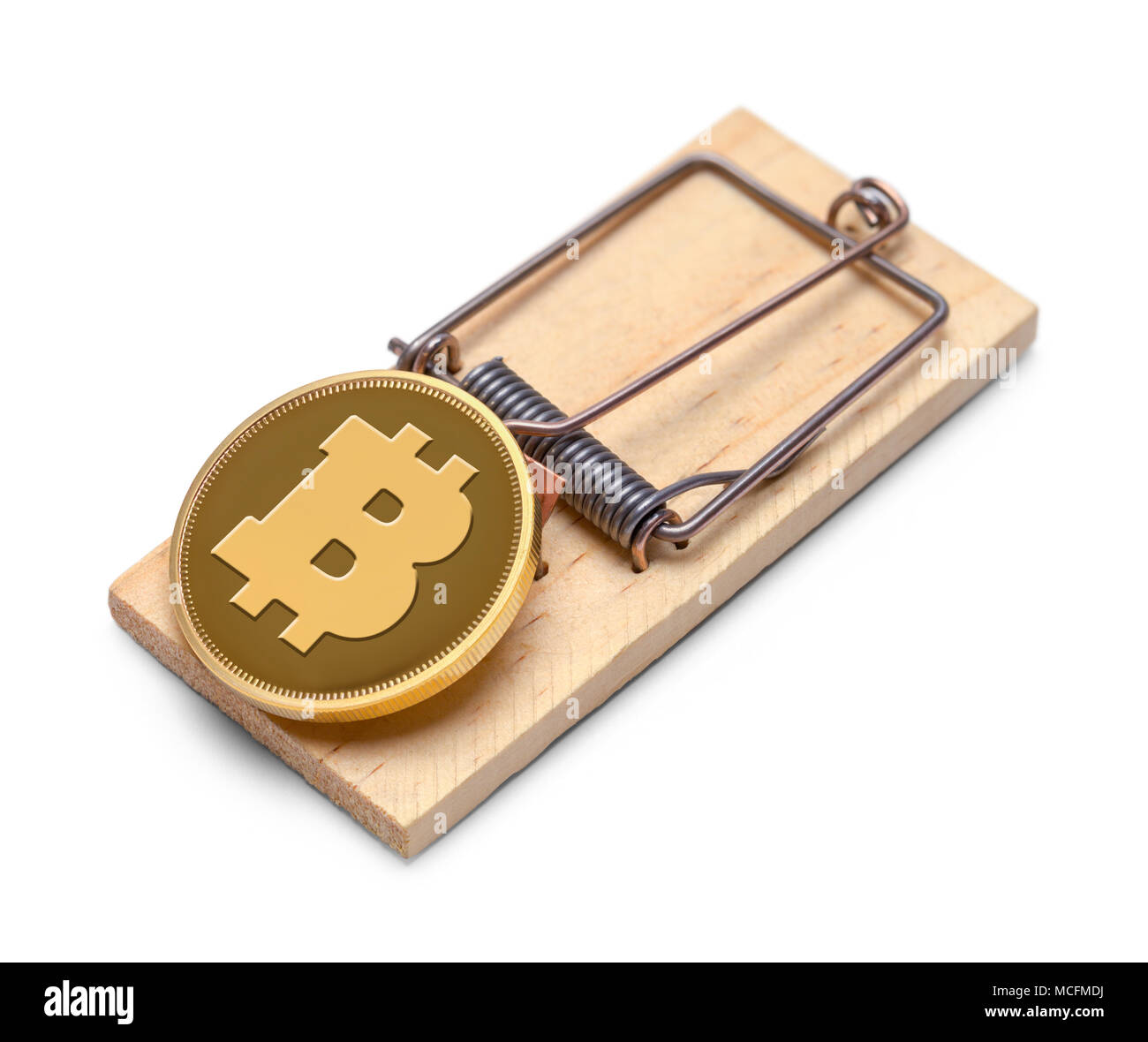 Gold Bitcoin auf Trap isoliert auf weißem Hintergrund. Stockfoto