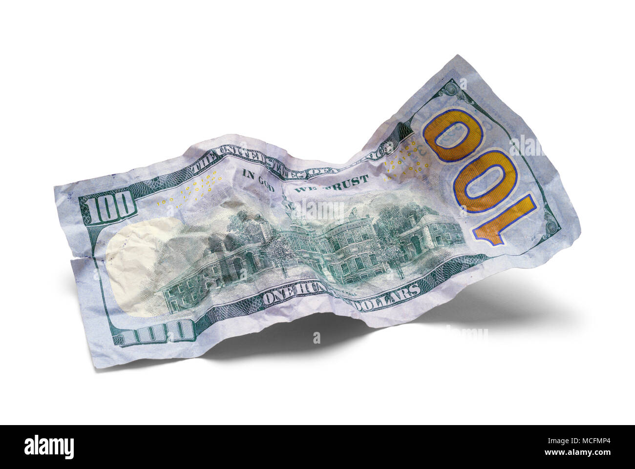Zerkleinert zerknittert Hundert Dollar Bill isoliert auf weißem Hintergrund. Stockfoto