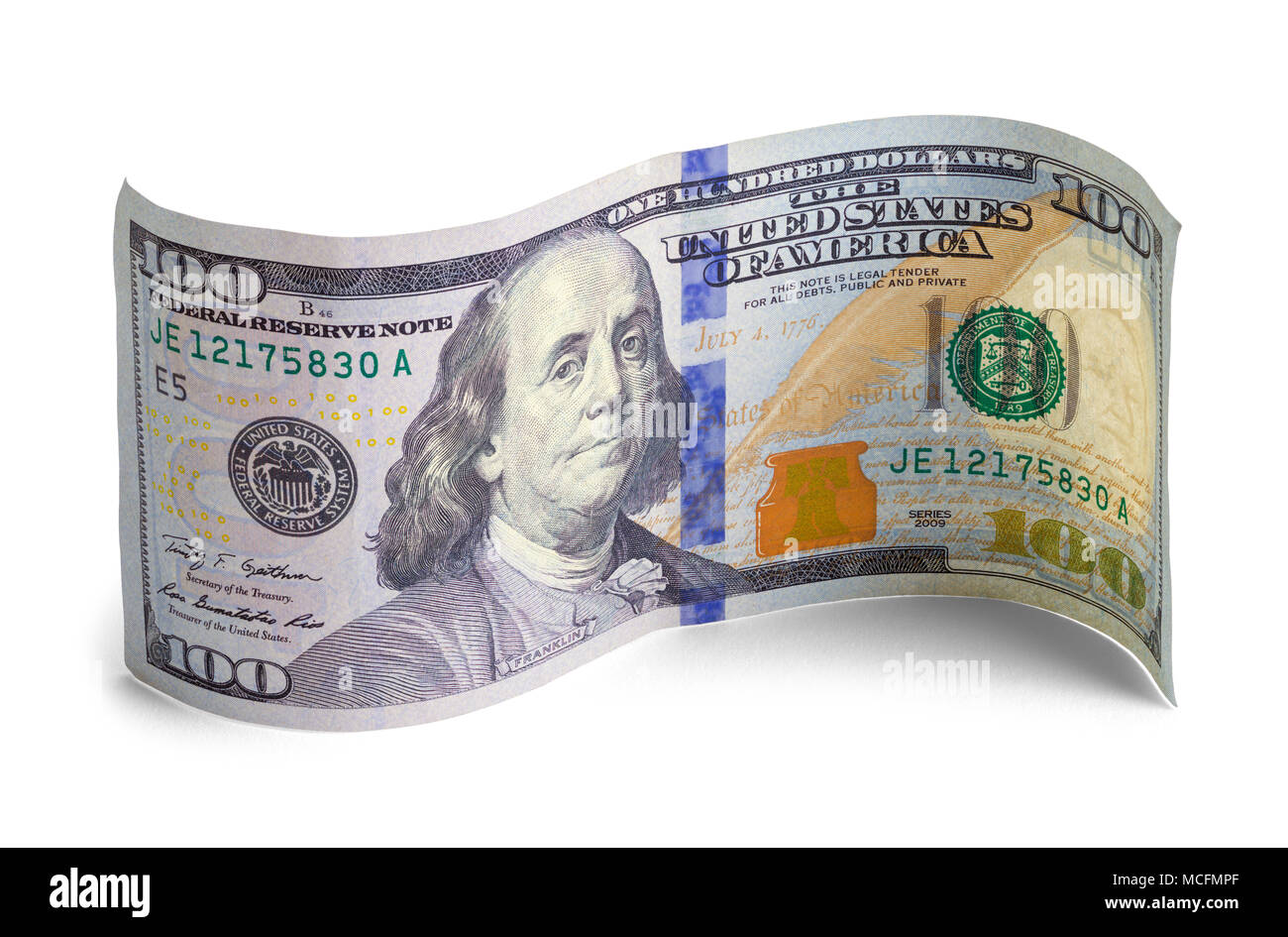 Gebogene Single hundert Dollar Bill isoliert auf einem weißen Hintergrund. Stockfoto