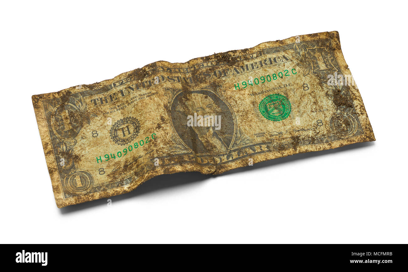 Dirty 1 Dollar Bill isoliert auf einem weißen Hintergrund. Stockfoto