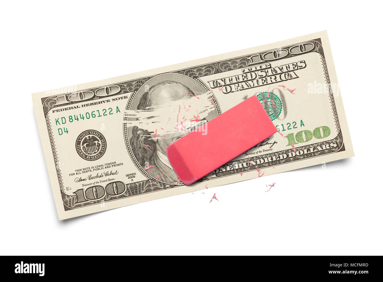 Hundert Dollar Bill von Eraser isoliert auf weißem Hintergrund gelöscht. Stockfoto