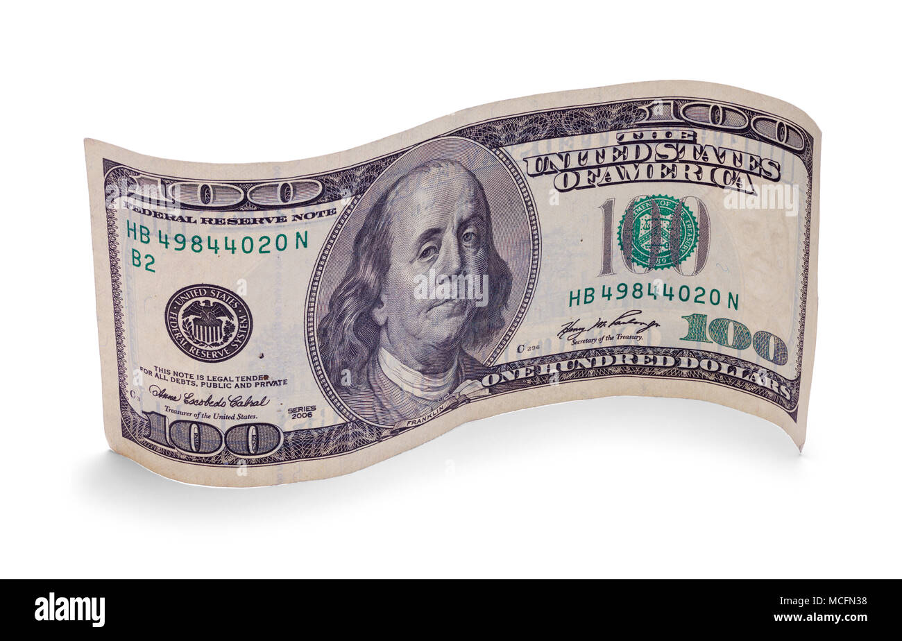 Gewellte hundert Dollar Bill isoliert auf einem weißen Hintergrund. Stockfoto