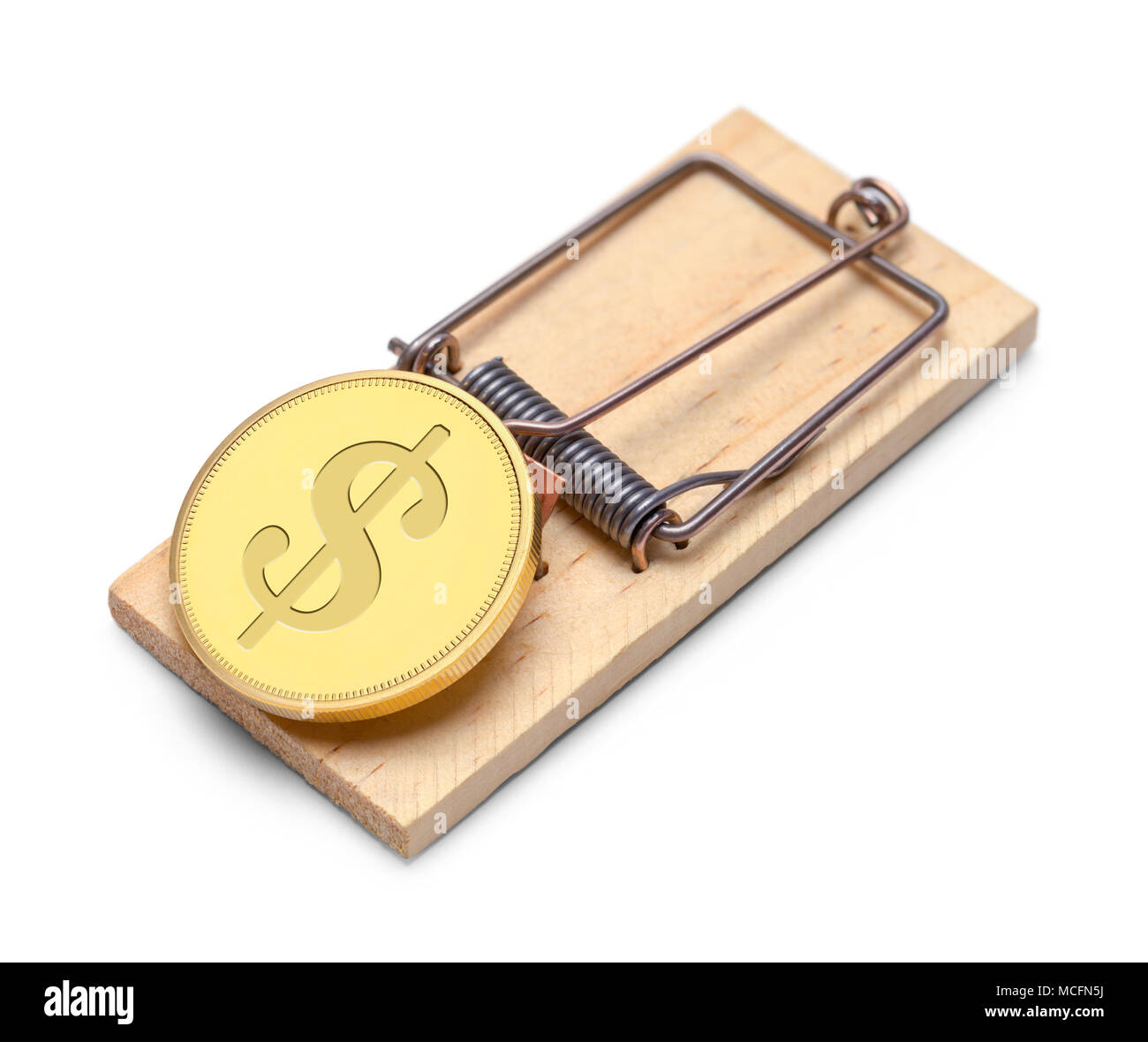 Gold Geld Münze mit einem Trap isoliert auf einem weißen Hintergrund. Stockfoto