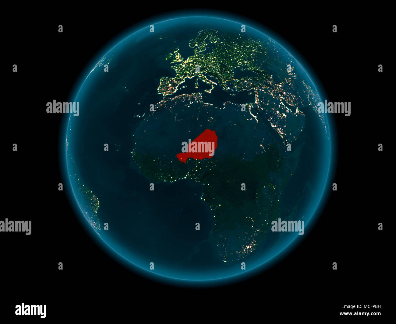 Nacht über Niger in Rot hervorgehoben auf dem Modell des Planeten Erde im Weltraum. 3D-Darstellung. Elemente dieses Bild von der NASA eingerichtet. Stockfoto