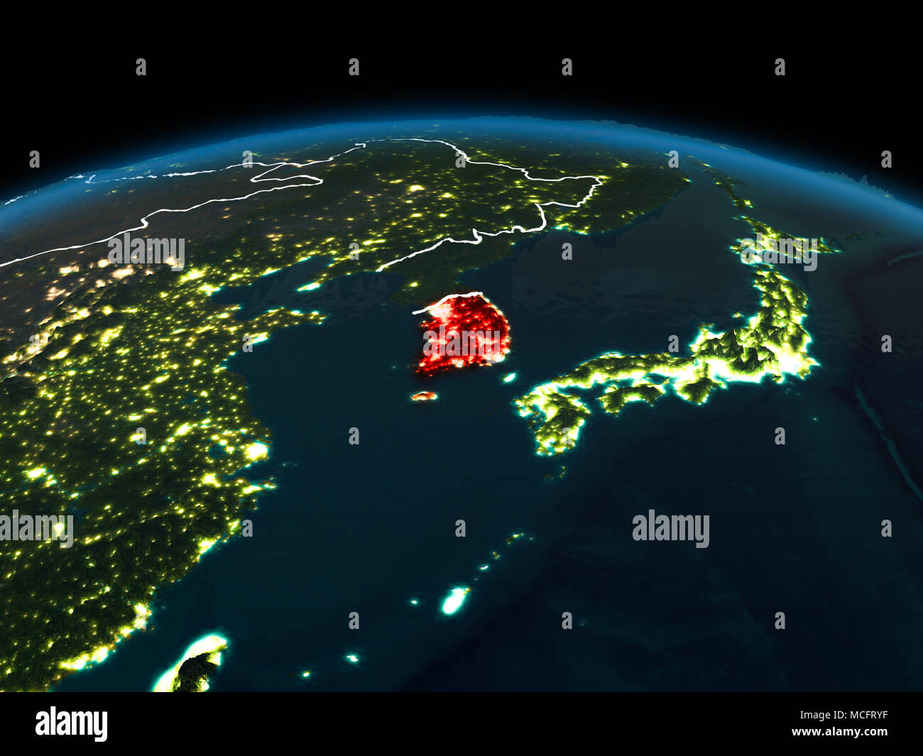 Platz orbit Ansicht von Südkorea in Rot hervorgehoben auf dem Planeten Erde bei Nacht mit sichtbaren Grenzen und die Lichter der Stadt. 3D-Darstellung. Elemente der Stockfoto