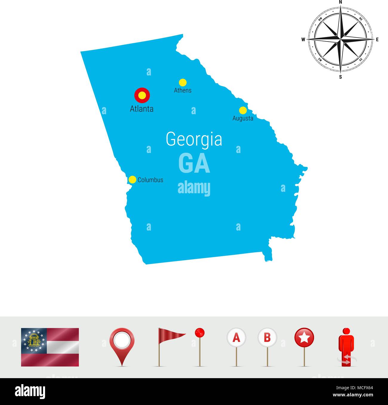 Georgien Vektorkarte isoliert auf weißem Hintergrund. High Ausführliche Silhouette der Georgia State. Vektor Flagge von Georgia. 3D-Karte, Marker oder Zeiger, Naviga Stock Vektor