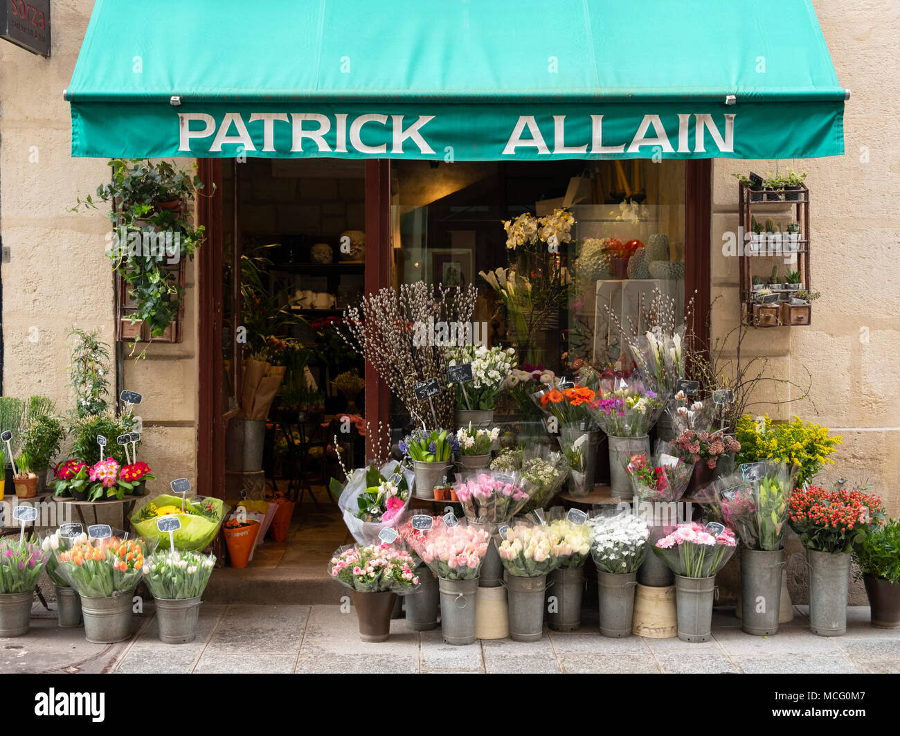 Eine bunte Blütenpracht outsde ein blumengeschäft auf der Il St Louis. Paris, Frankreich, Europa Stockfoto