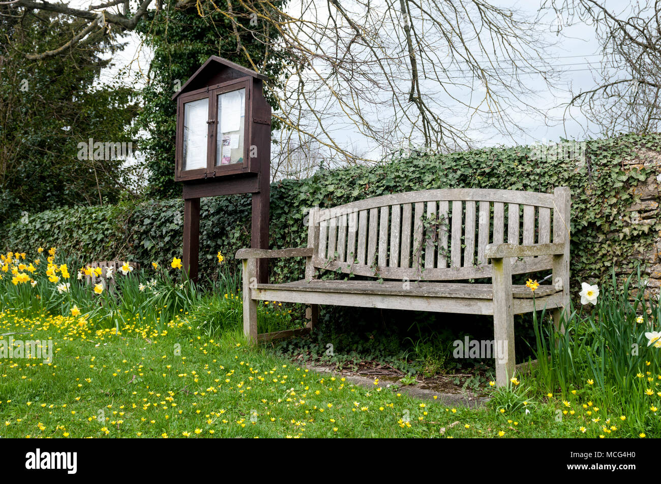 Eine Bank und Aushang von der Friedhofsmauer, St. Peter's Kirche, Stoke Lyne, Oxfordshire, England, Großbritannien Stockfoto