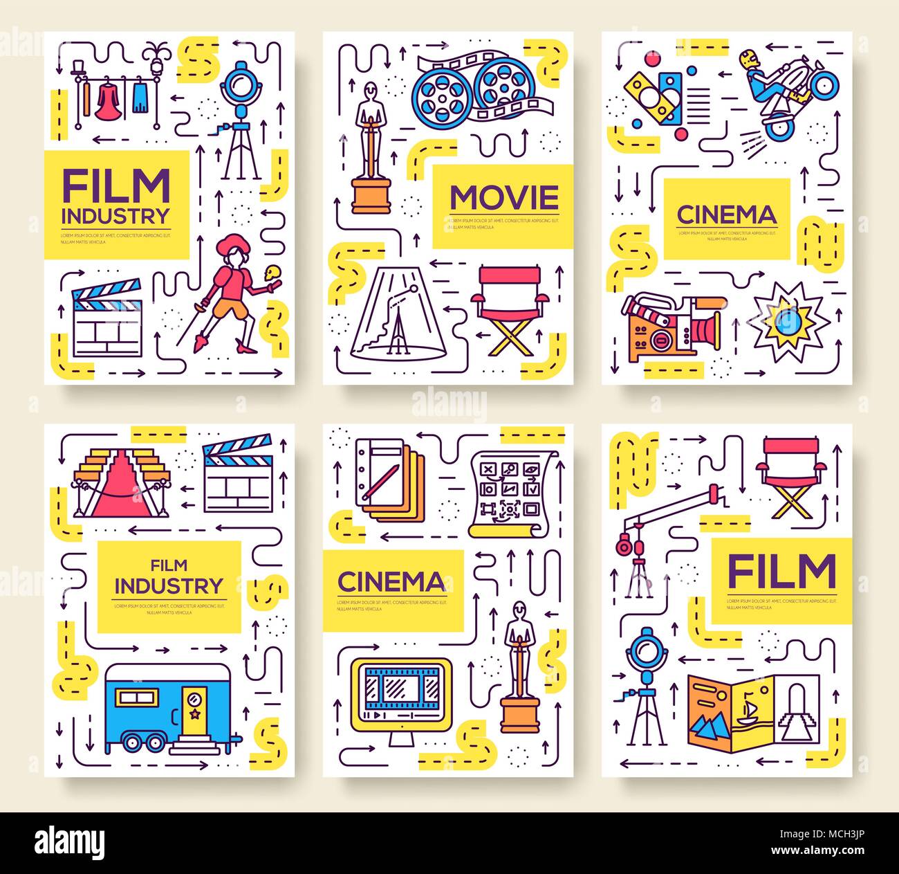 Satz von thin line cinema Ferienhäuser Muster Konzept. Kunst traditionelle, Zeitschrift, Buch, Plakat, abstrakte, Banner, Element. Vektor Outline Package Grußkarte oder Einladung design Hintergrund Stock Vektor