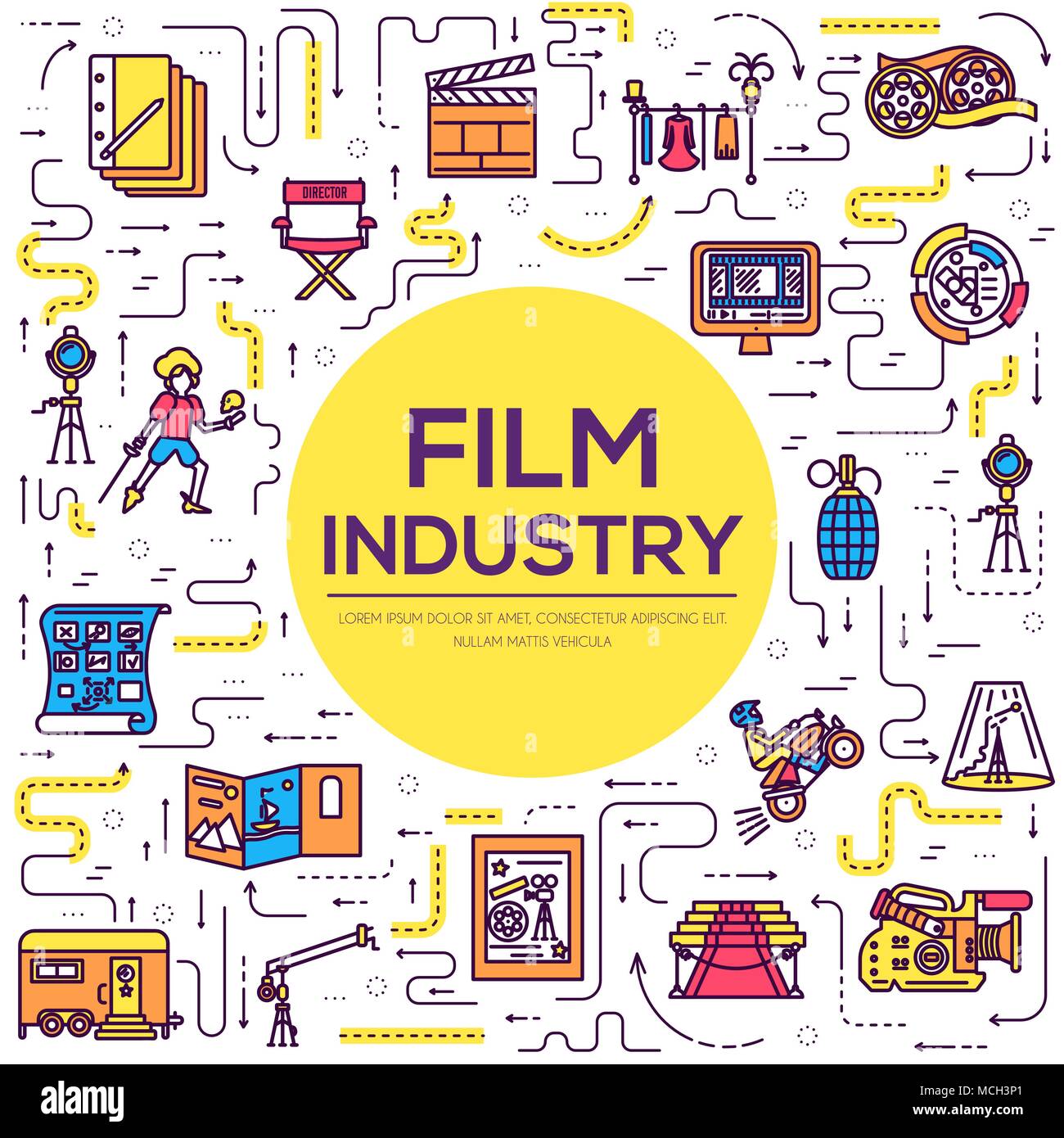 Premium Qualität kino Industrie thin line Design. Dreharbeiten minimalistisch Symbol Infografik. Übersicht film Technologie Vorlage von Symbol, Typografie, Logo, Piktogramm und Illustration Konzept Stock Vektor