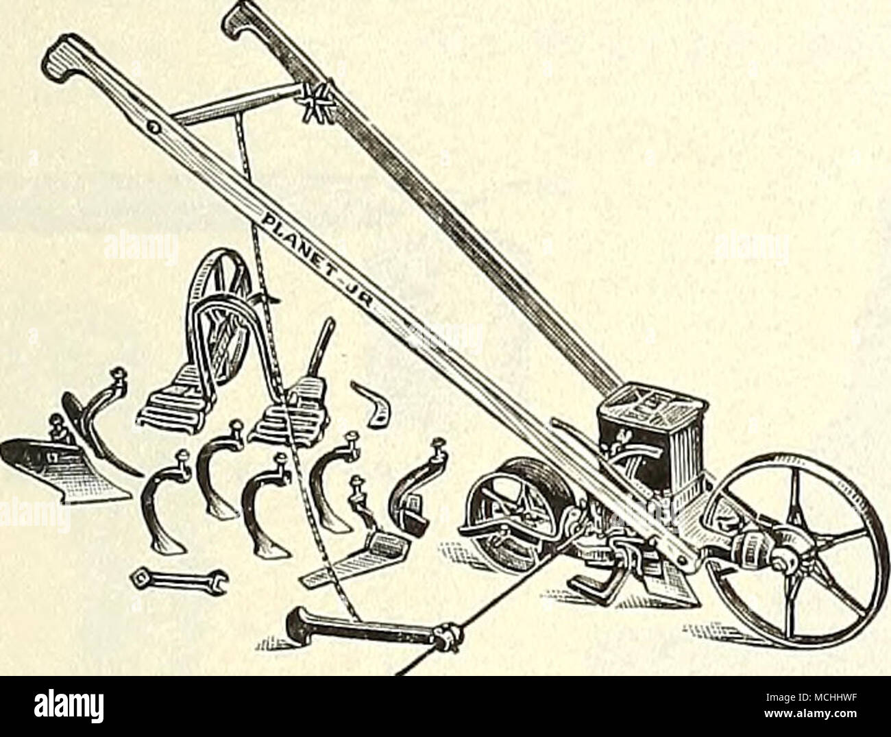 . Nr. 25 Planeten jr. Kombiniert Hill und Sämaschine Sämaschine und Doppelte Rad dieser Maschine Hacke als Seeder ist praktisch das gleiche wie Nr. 4; Sauen in Bohrer oder Tropfen in Hügel 4, 6, 8, 12 oder 24 Zoll auseinander. Hält 2 § Qt $ 21, 25. Stockfoto