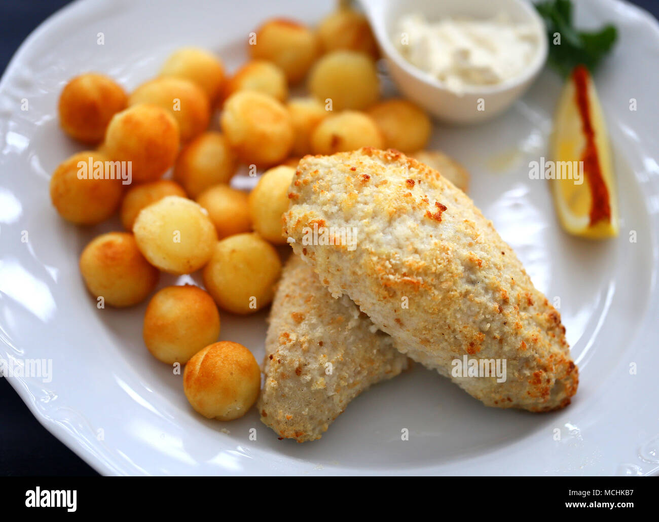 Foto von einem Makro Fischgericht mit Kartoffeln Stockfoto