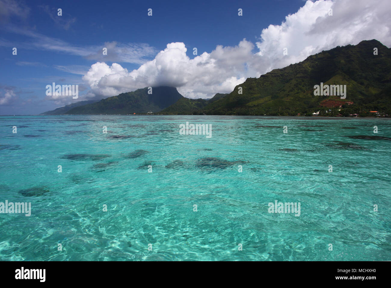 Tropischen Küste von Moorea mit türkisfarbenem Wasser, schöne Inseln und Berge, Französisch-Polynesien, South Pacific. Stockfoto