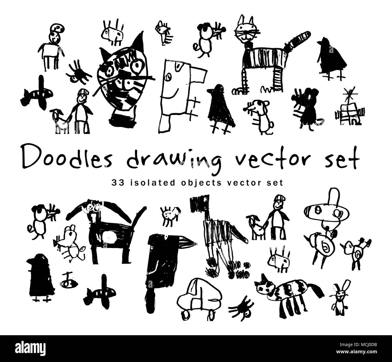 Doodles Zeichnung isolierte Objekte Schwarz und Weiß Stock Vektor