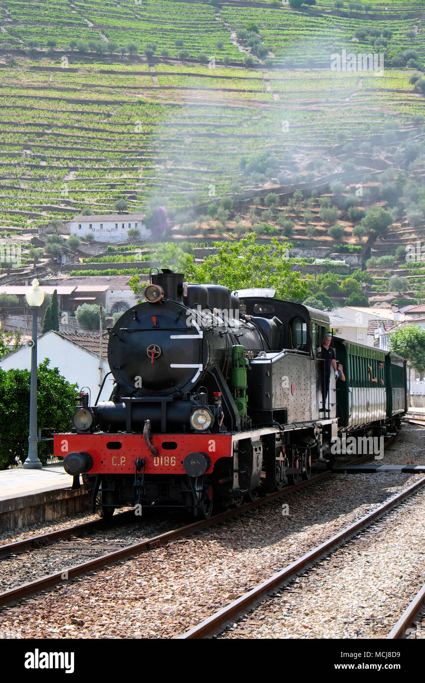 Douro historischen Dampfzug nähert sich der Bahnhof von Pinhão, Pinhão, Weinregion Alto Douro, Portugal Stockfoto