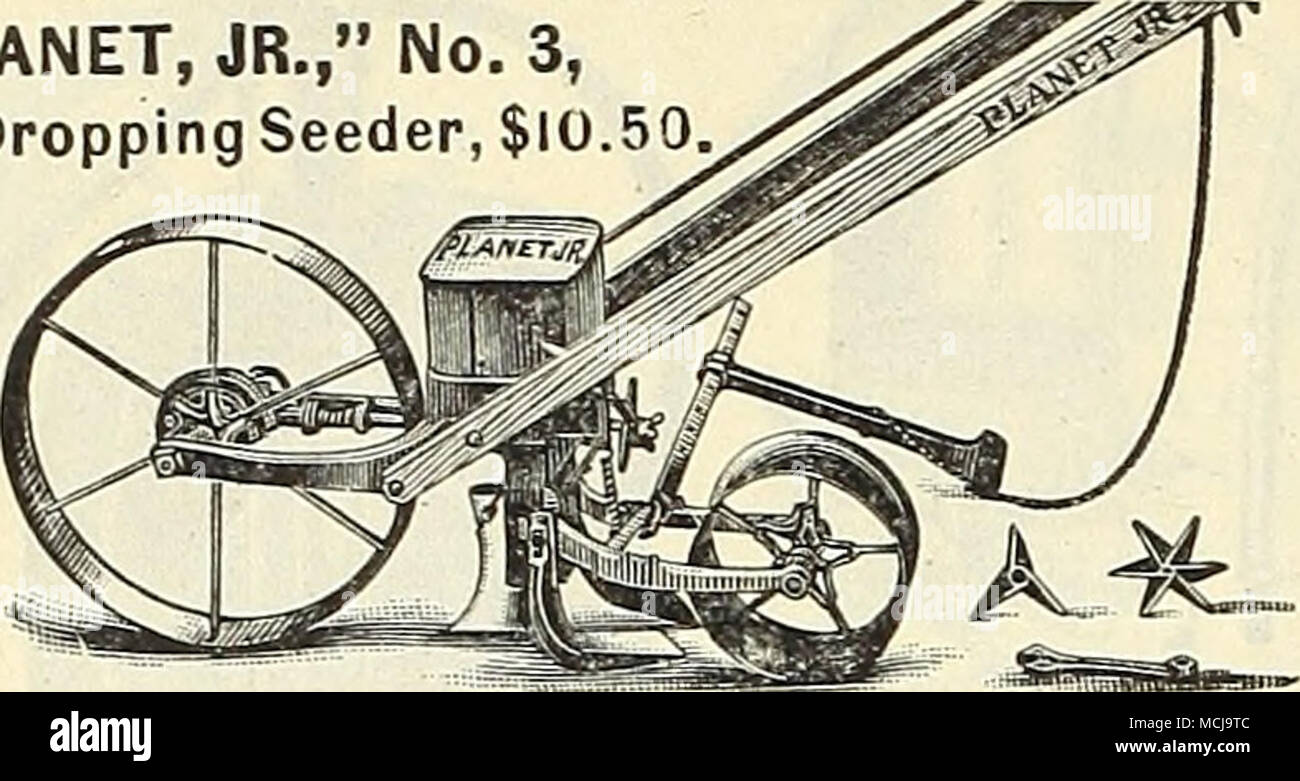 . Setzt das Saatgut direkt an der Stelle, wo sich die Hügel gewünscht wird. Anlagen 4, 6, 8, 12 oder 24 Zoll auseinander, oder in einer Reihe wie gewünscht. Hält drei Qt. "PLANET, JR" "SINGLE WHEEL HOE. Stockfoto