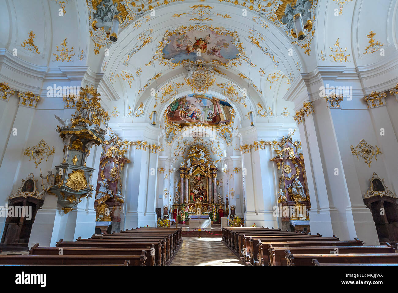 Hauptaltar und Deckenfresken, Kloster Schäftlarn, Oberbayern, Bayern, Deutschland Stockfoto
