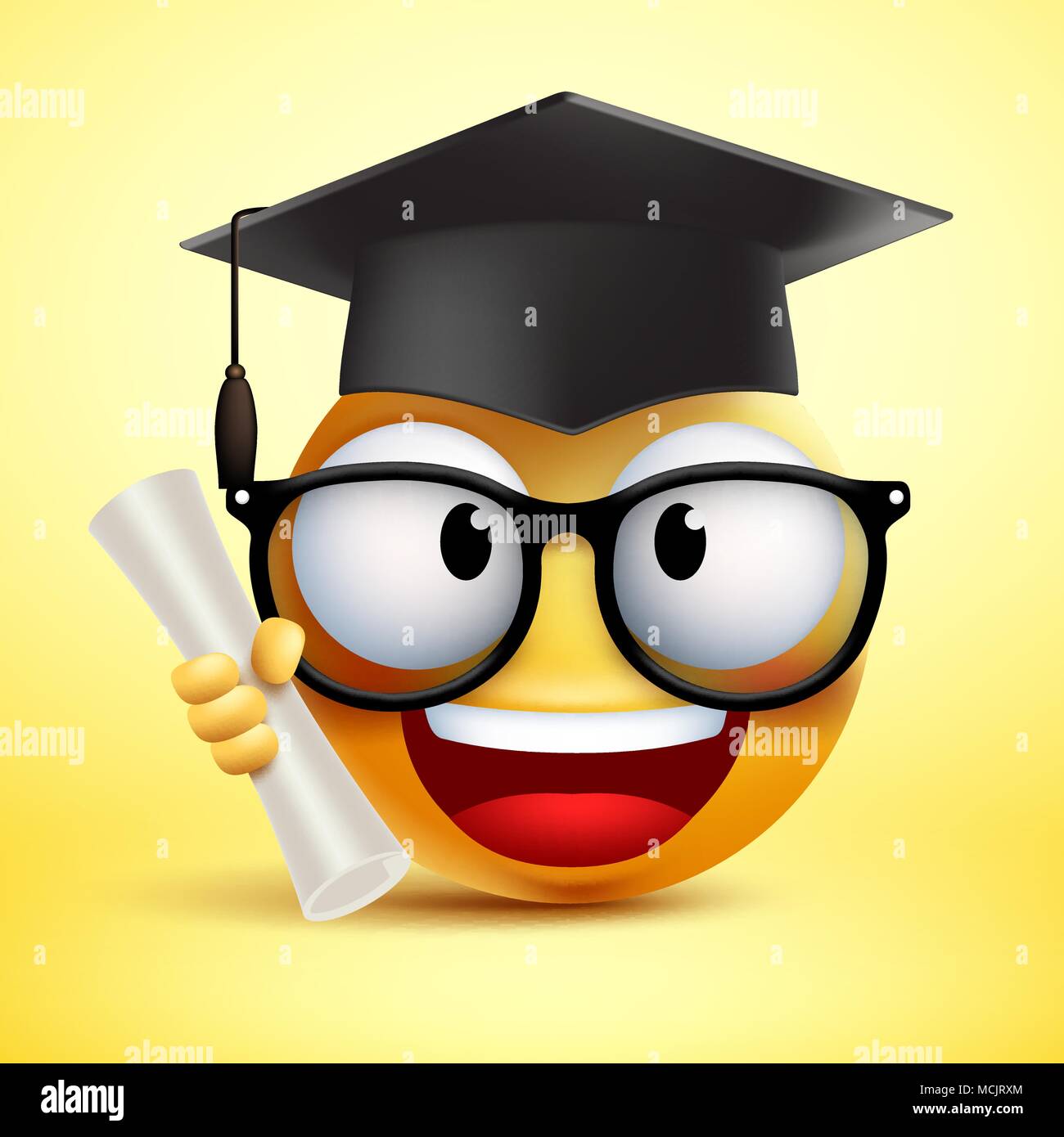 Vektor Smiley Emoticon student lächelnd mit Diplom und mit schwarzen Hut für die Graduierung auf gelben Hintergrund. Vector Illustration. Stock Vektor