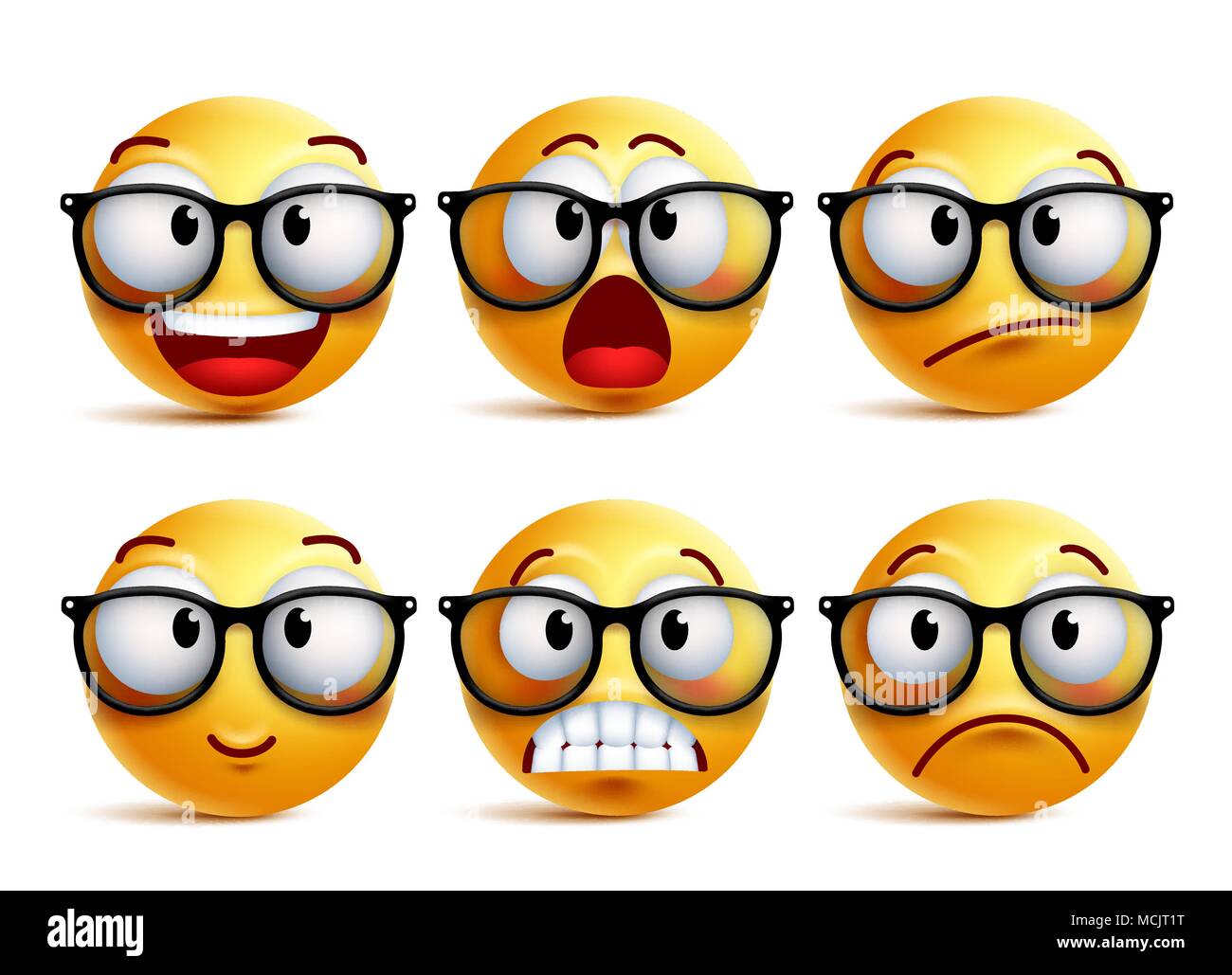 Smiley Vektor einrichten von gelben nerd Emoticons mit Brillen und lustige  Gesichtsausdrücke auf weißem Hintergrund. Vector Illustration  Stock-Vektorgrafik - Alamy