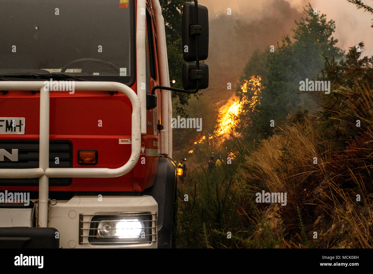 Maceda, Galicien/Spanien - 16.Oktober 2017: Fire Engine im Wald Feuer. Stockfoto