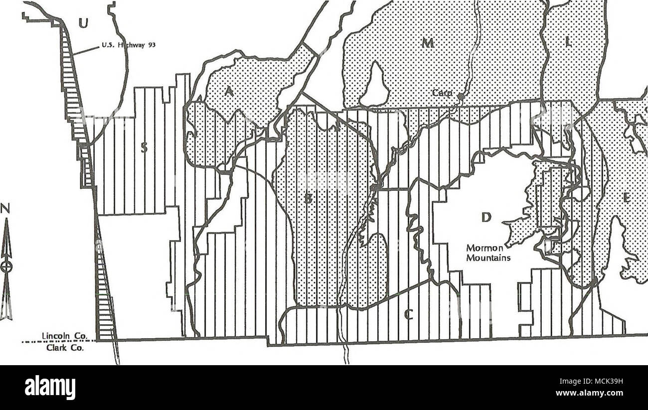 . 20 0 20 Meilen Vieh um Bereiche Mormon Mesa DWMA Kojote-frühlinge DWMA ZUTEILUNGEN einem Weinstock B Rasse liebe C ROX-Tule D Mormon Peak E Kürbis Feder L White Rock M Henrie Komplexe S DELAMAR U LowerLake Osten 3 Erstellt von: BLM, Ely, Nevada mit AtolnfoCIS 2-46 Stockfoto