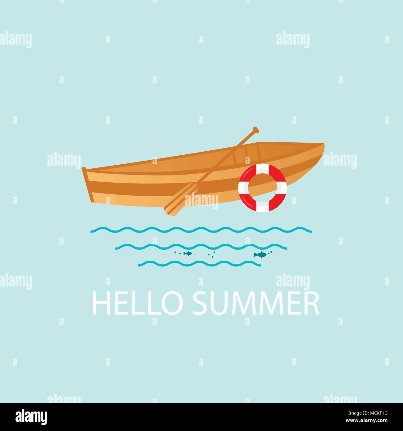 Banner, Poster, Plakat, Karte mit Text Hallo Sommer und nautische Fahrzeuge: Segelboot, Ruderboot mit Paddel aus Holz und Boje. Vektor Symbol auf blauem Bac isoliert Stock Vektor