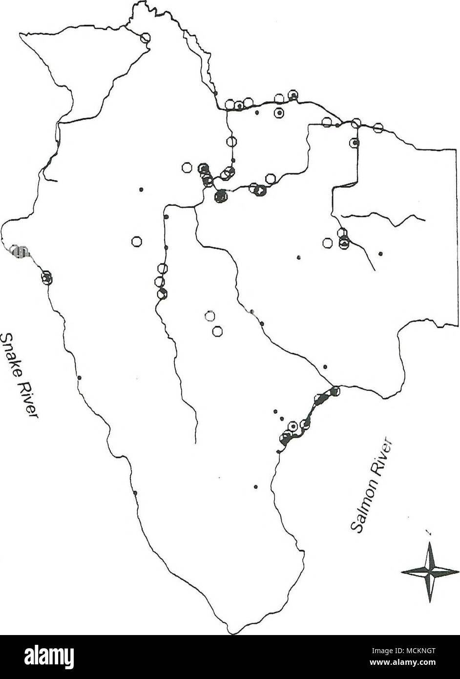 . Q Teiche Befragten • Western Kröte Beobachtungen//Straßen Abbildung 9. Western Kröte dot-Karte (Befragungen und zufälligen Beobachtungen) von Craig Berg, Idaho. .... . Stockfoto