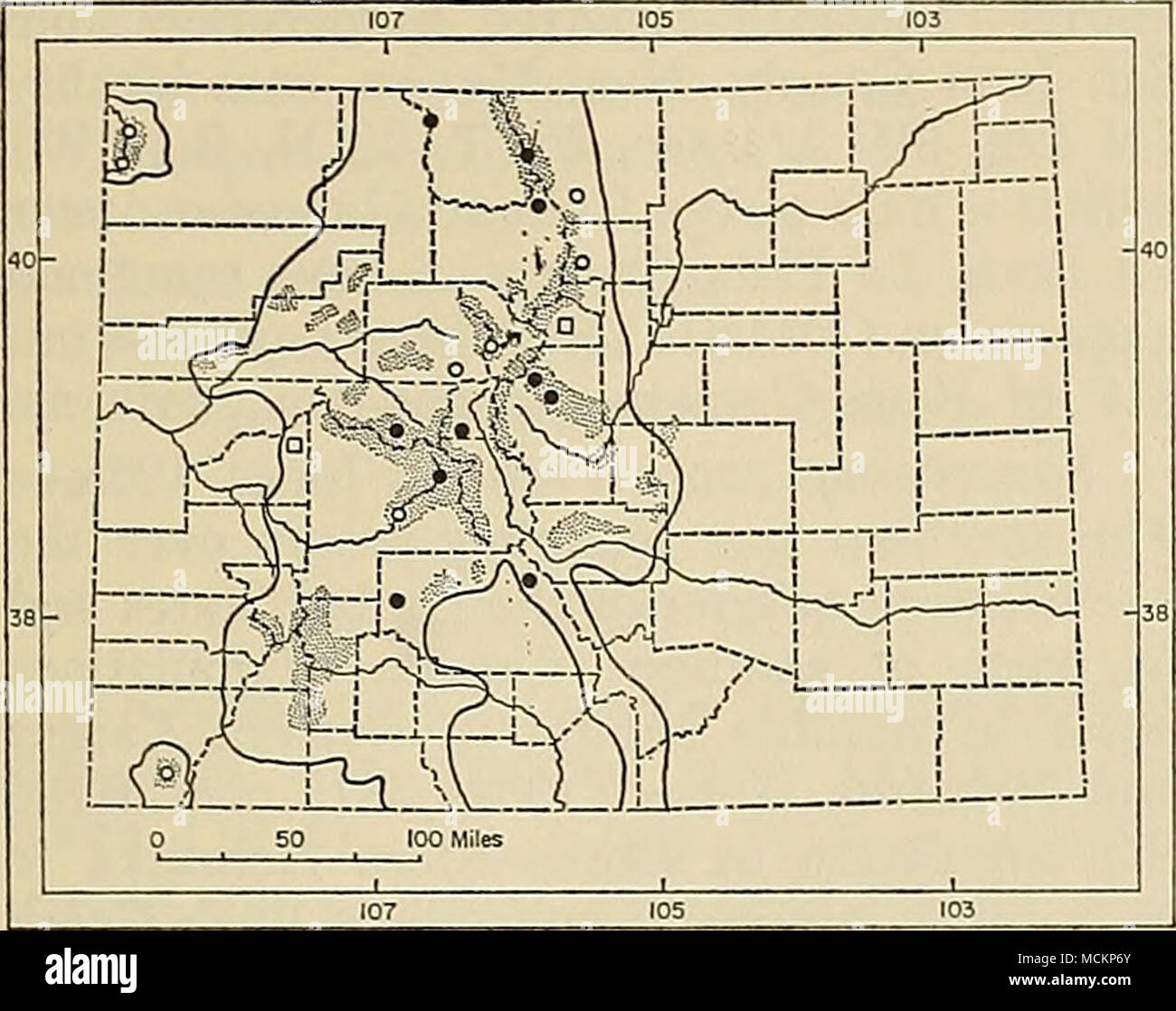 . Abb. 116. Verteilung der Ovis canadensis Cana-densis in Colorado. Gepunktete Bereich kennzeichnet er- mate Ausmaß der gegenwärtigen Bereichs; durchgezogene Linie zeigt an ap-unmittelbare Begrenzung der historischen Strecke (nach Moser, 1962: 10). jährlich geerntet wurde (Reichweite, 25 im Jahr 1959 auf 79 im Jahr 1954). Schätzungen der bighorn Bevölkerung haben sich in den letzten Jahren rund 3000 Tiere reichte. Größte Zahlen treten im vorderen Bereich und der oberen Poudre River Drainage, den San Juan Mountains und die Sawatch Range. Die unterart von O. canadensis wurden die Stadtentwicklungsstrategie nun jedoch von Cowan (1940). Ovis canadensis canadensis Shaw Ovis canadens Stockfoto