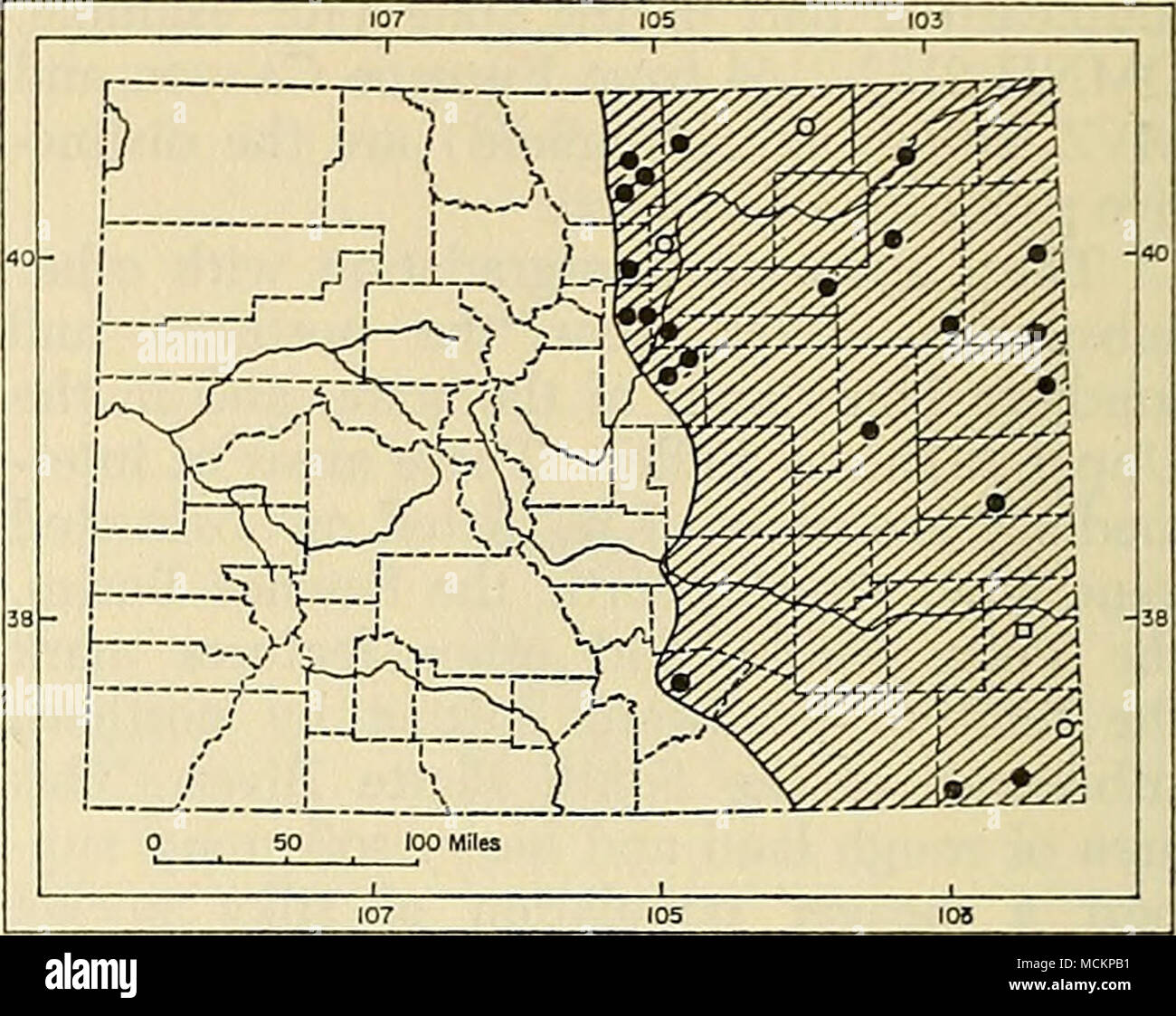 . Abb. 61. Verteilung der Perognathus hispidus paradoxus in Colorado. Zur Erläuterung der Symbole, siehe S. 9. Länge, 35,8, 35,8, 30,0, 29,6, 31,5; Jochbeinbogen Breite, 17,7, -, -, 15,6,-; Stelle zwischen Verengung, 7.8, 7.8, 7.7, 7.2, 7.4, Bandbreite der interparietal, 8.0, 8.8, 7.7, 7.8, 8.0; Länge der Oberkiefer toothrow, 5.1, 5.3, 4.9, 4.7, 4.9. Aufzeichnungen von auftreten. - Proben untersucht, 41, die sich wie folgt verteilen: LARIMER COUNTY: 5 mi. W Fort Collins, 1 (CSU); Maxwell Ranch, 4 mi. W Fort Collins, 1 (CSU); 3 mi. W Fort Collins, 1 (CSU); 2 2/2 mi. W Fort Collins, 1 (CSU); 2 mi. W Fort Collins, 1 ( Stockfoto