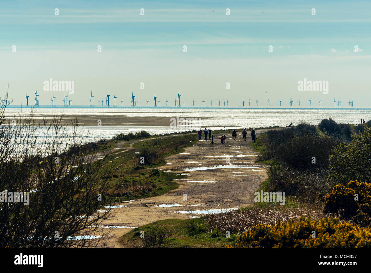 Wanderer auf dem Uferdamm um Hodbarrow Lagune, in der Nähe Millom, Cumbria, mit Offshore Windpark Stockfoto