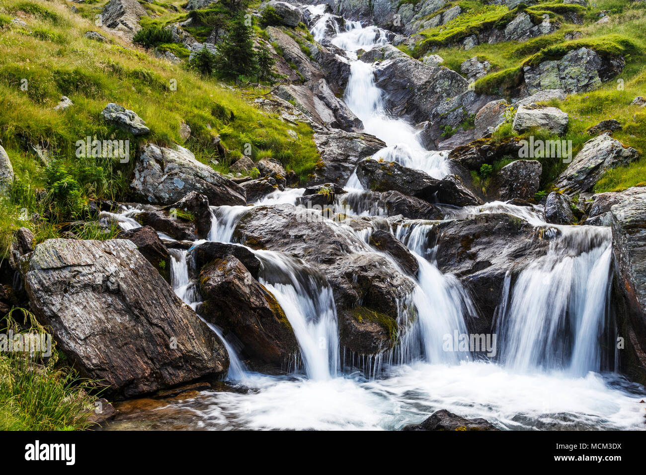 Der Wasserfall von einem Berg Fluss mit Felsen in den Karpaten. Stockfoto