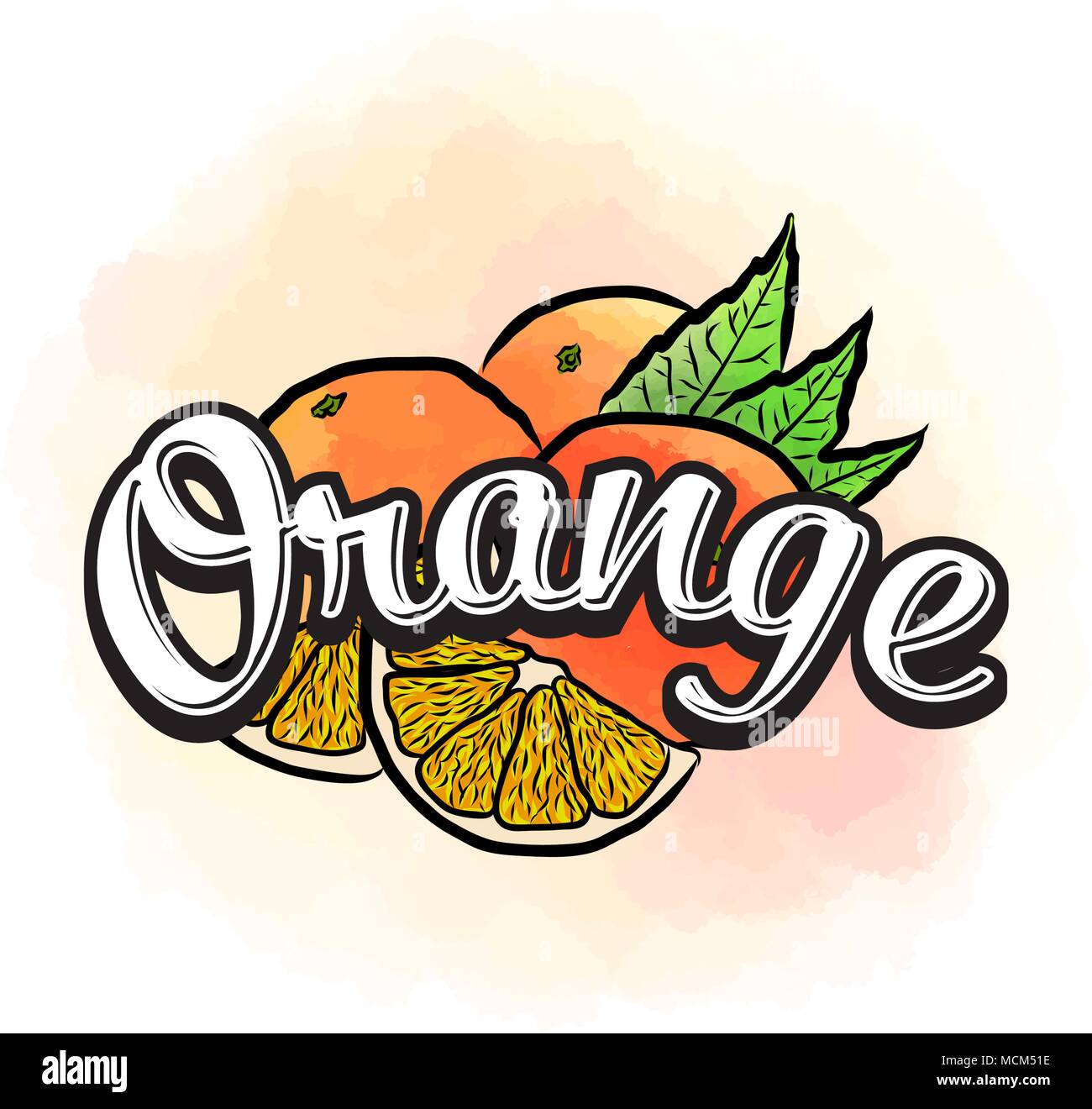 Orange bunt Label unterzeichnen. Vektor Zeichnung für Werbung. Frisches Design mit bunten Früchten in Aquarell Stil. Moderne Abbildung auf weißen Bac Stock Vektor