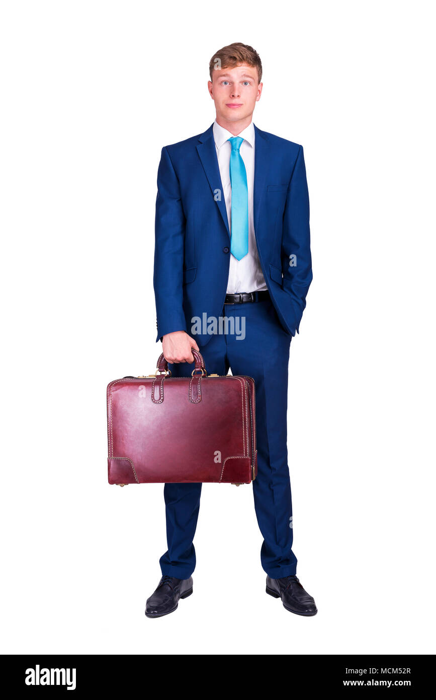 Portrait einer jungen business Mann mit einem Koffer in der Hand, in die Kamera schaut. auf weißem Hintergrund Stockfoto