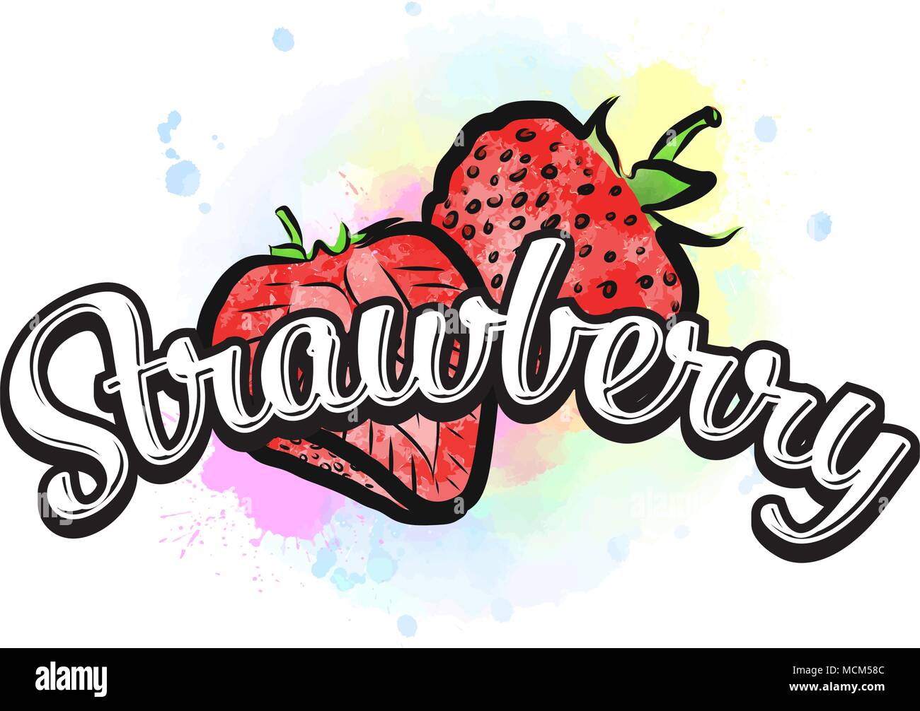 Erdbeere bunten Label unterzeichnen. Vektor Zeichnung für Werbung. Frisches Design mit bunten Früchten in Aquarell Stil. Moderne Abbildung auf Weiß Stock Vektor