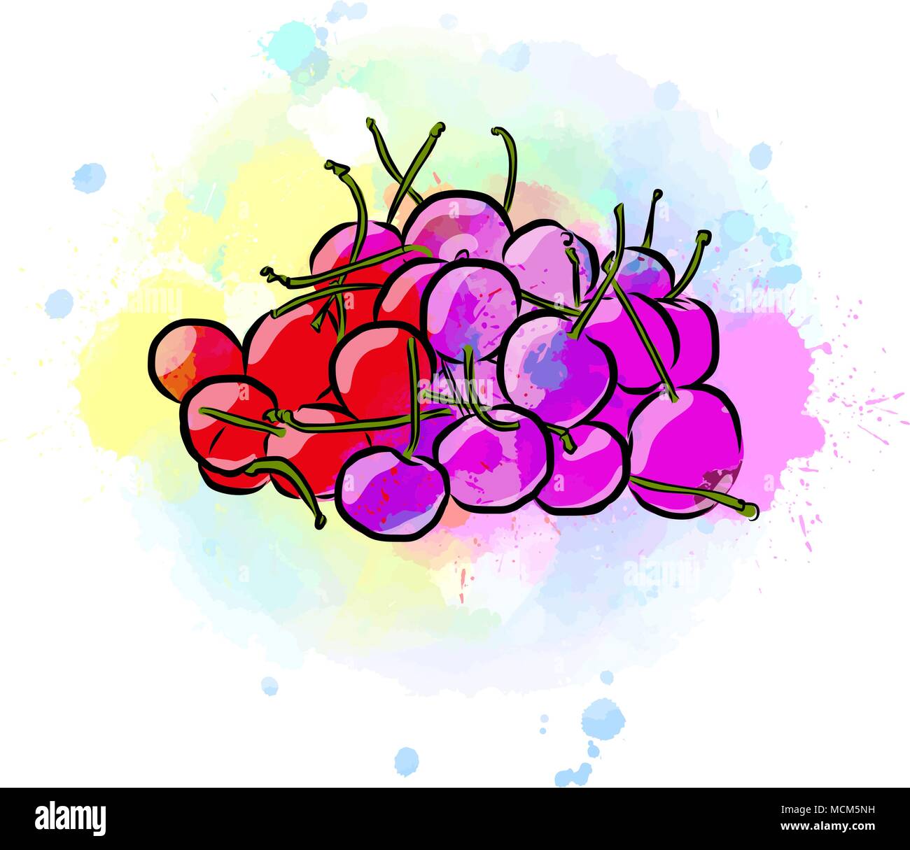Farbige Zeichnung von Kirschen. Frisches Design mit bunten Früchten in Aquarell Stil. Moderne vector marketing Abbildung auf weißen Hintergrund. Stock Vektor