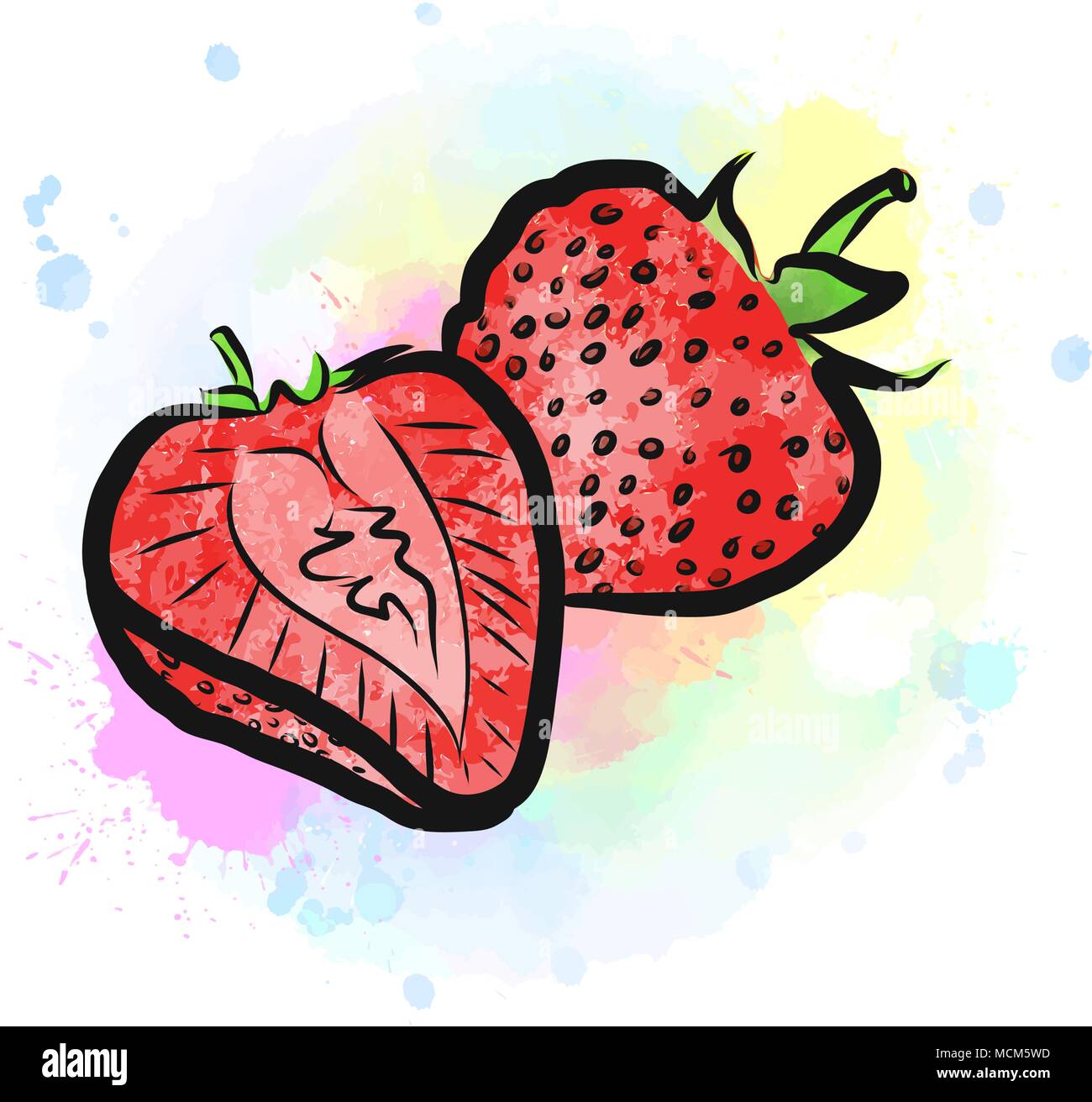 Farbige Zeichnung der Erdbeeren. Frisches Design mit bunten Früchten in Aquarell Stil. Modernes marketing Abbildung auf weißen Hintergrund. Stock Vektor