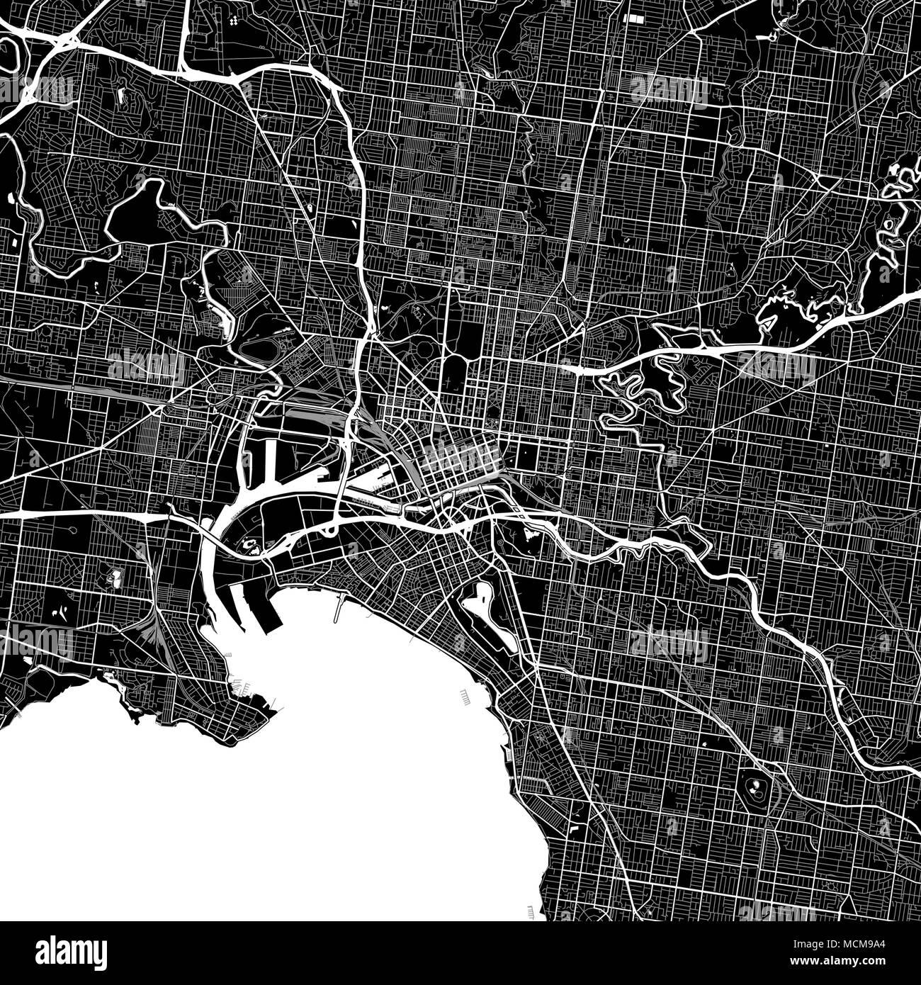 Stadtplan von Melbourne, Australien. Der dunkle Hintergrund Version für Infografik und Marketing Projekte. Diese Karte von Melbourne, Victoria, enthält typische La Stock Vektor