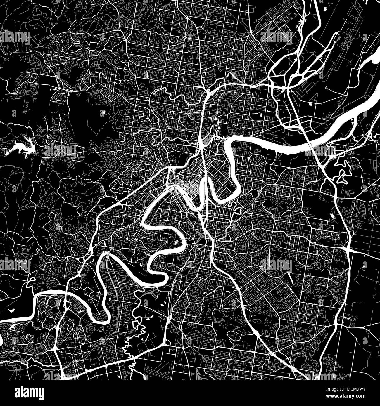 Lageplan von Brisbane, Australien. Der dunkle Hintergrund Version für Infografik und Marketing Projekte. Diese Karte von Brisbane, Queensland, enthält typische La Stock Vektor