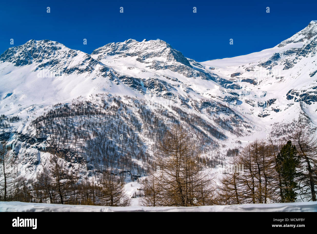 Blick auf die Alpen mit Schnee bedeckt von der Bernina Express Bahnfahrt zwischen St. Moritz und Tirano im Norden von Italien im März 25, 20 Stockfoto