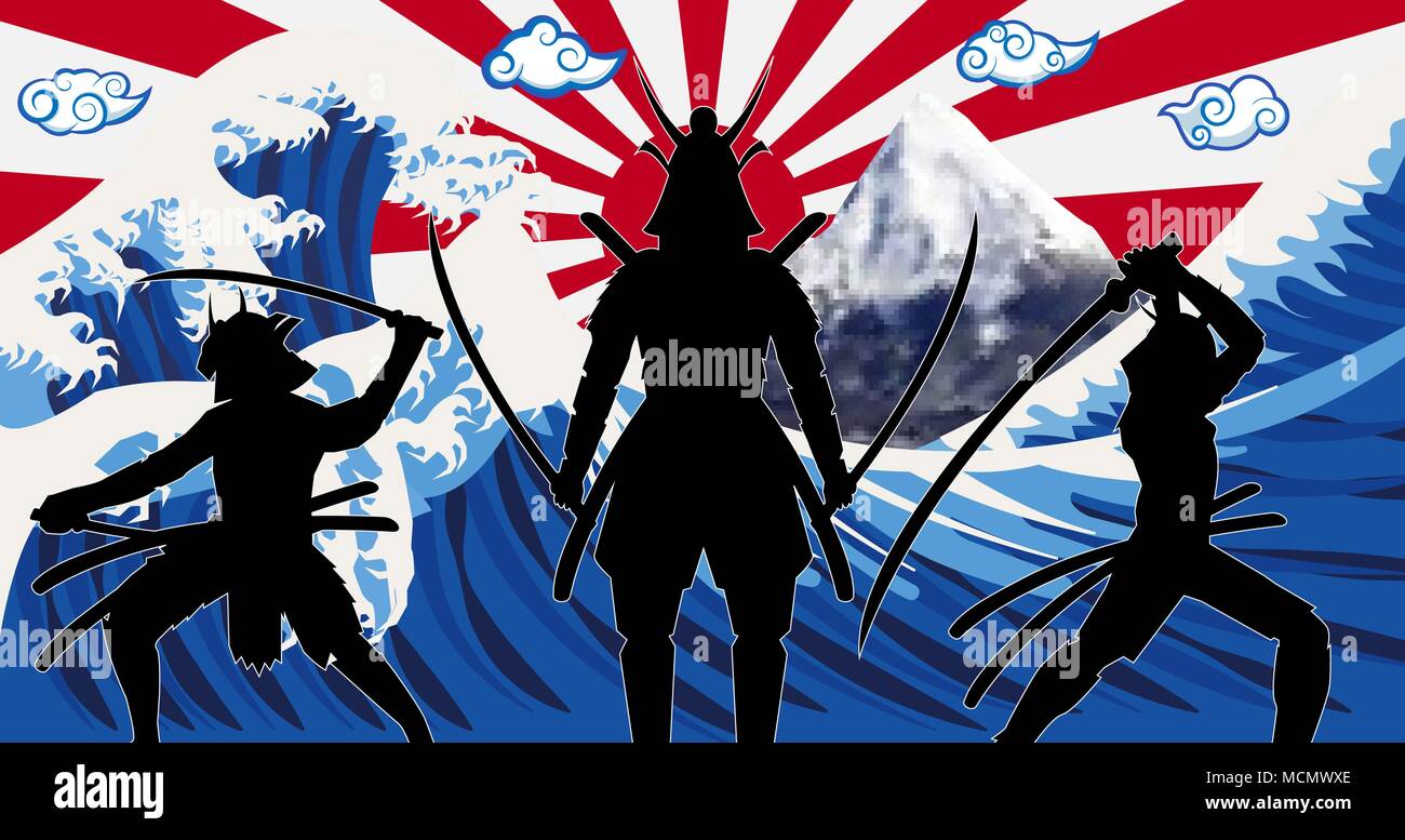 Silhouette japan Samurai mit Wave Rising Sun Flagge Stock Vektor