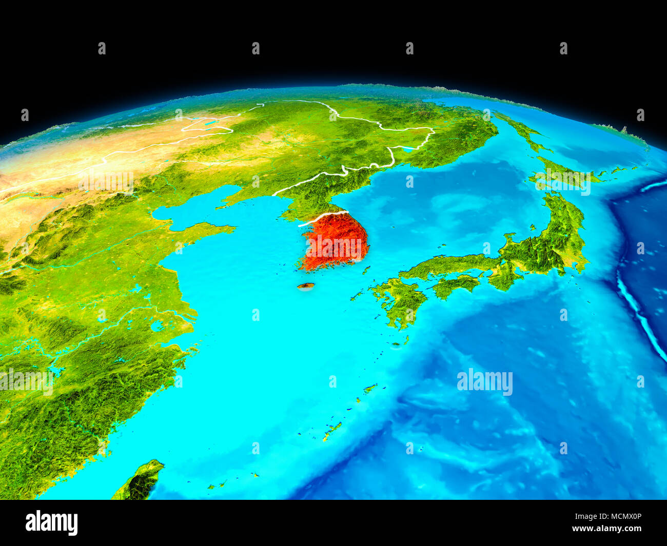 Satellitenansicht von Südkorea in Rot hervorgehoben auf dem Planeten Erde mit Grenzen. 3D-Darstellung. Elemente dieses Bild von der NASA eingerichtet. Stockfoto
