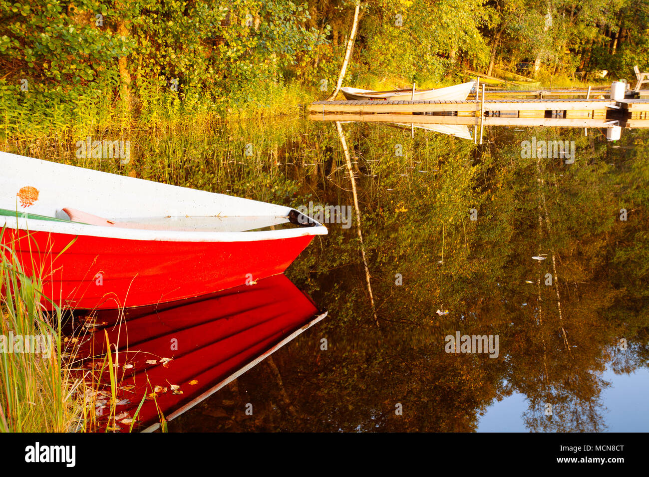 Rot Ruderboot auf gespiegelten See, Sonnenaufgang, Silkäranta, Espoo, Finnland, Europa Stockfoto